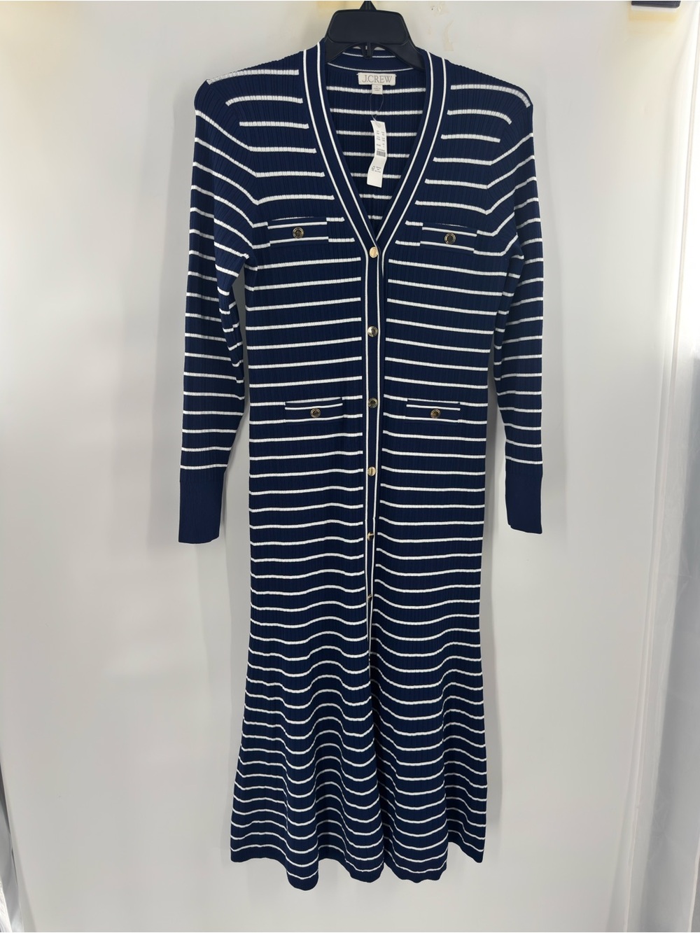 J.Crew NWT L Navy White Striped Ribbed Cardigan Midi Dress BY502 Gold Button